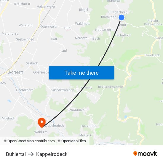 Bühlertal to Kappelrodeck map