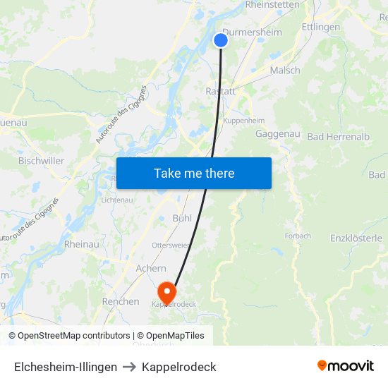 Elchesheim-Illingen to Kappelrodeck map