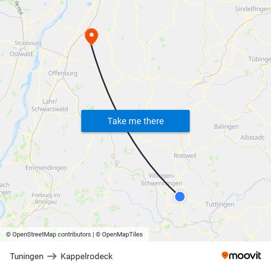 Tuningen to Kappelrodeck map