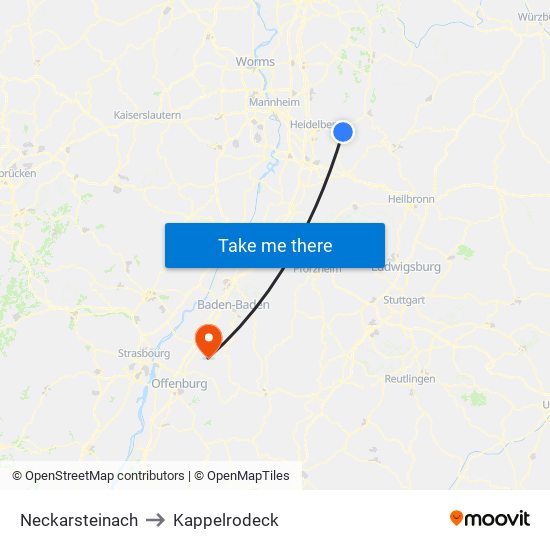 Neckarsteinach to Kappelrodeck map