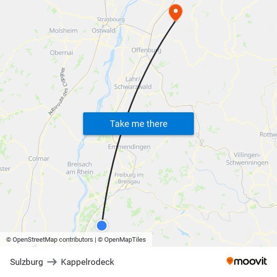 Sulzburg to Kappelrodeck map