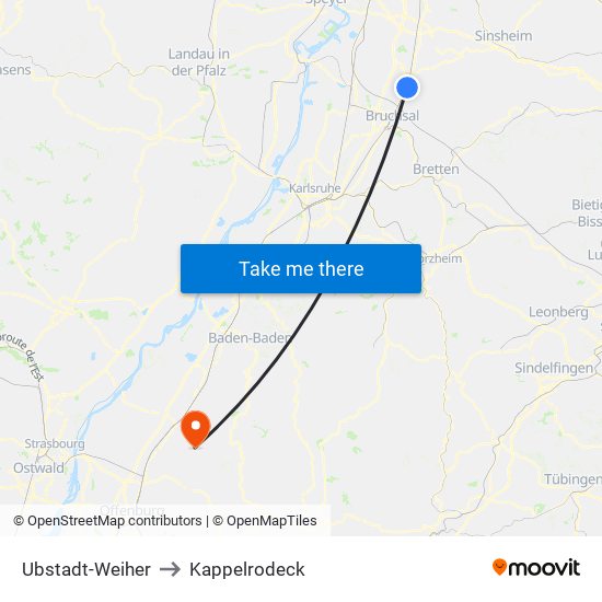 Ubstadt-Weiher to Kappelrodeck map