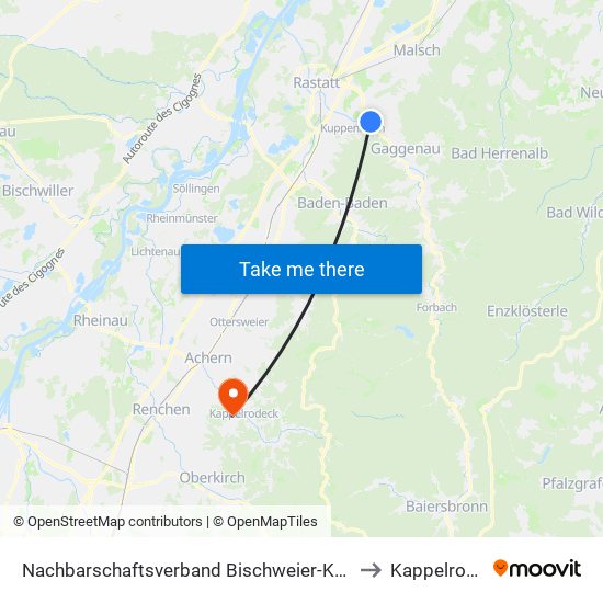 Nachbarschaftsverband Bischweier-Kuppenheim to Kappelrodeck map