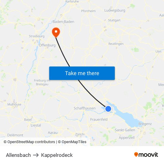 Allensbach to Kappelrodeck map