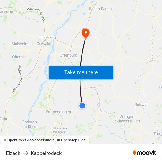 Elzach to Kappelrodeck map