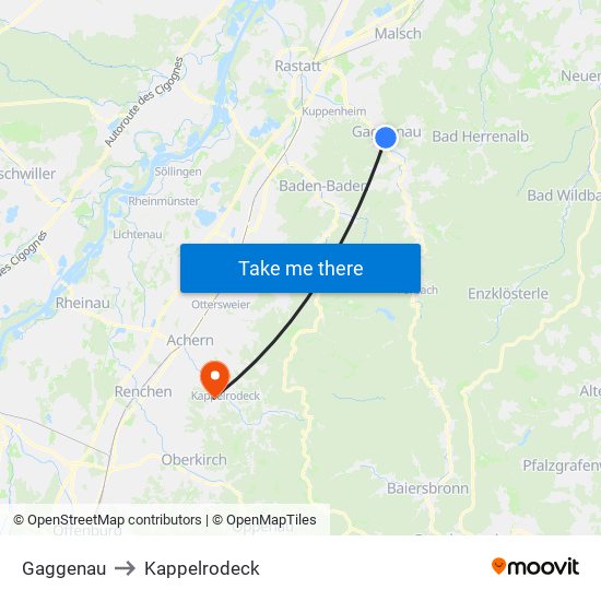 Gaggenau to Kappelrodeck map