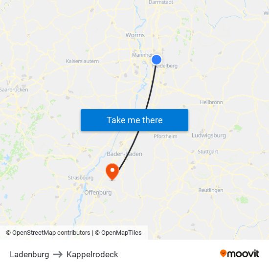 Ladenburg to Kappelrodeck map