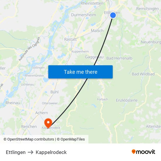 Ettlingen to Kappelrodeck map