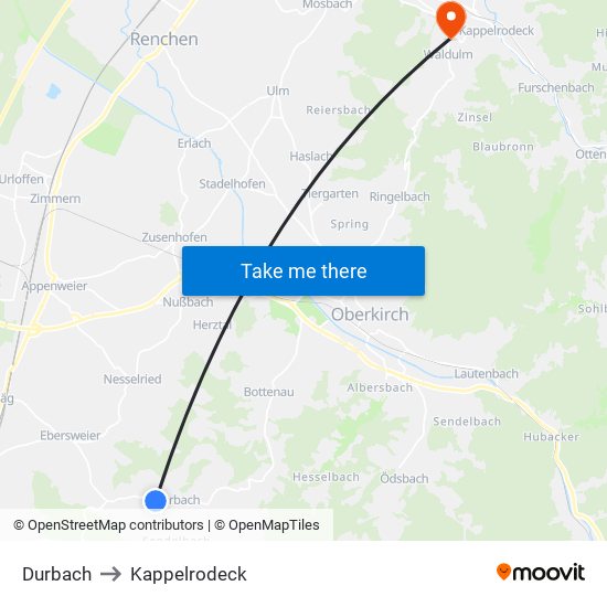 Durbach to Kappelrodeck map