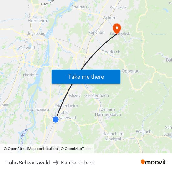 Lahr/Schwarzwald to Kappelrodeck map