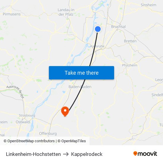 Linkenheim-Hochstetten to Kappelrodeck map