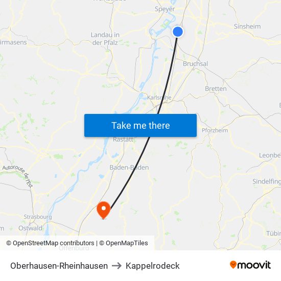 Oberhausen-Rheinhausen to Kappelrodeck map