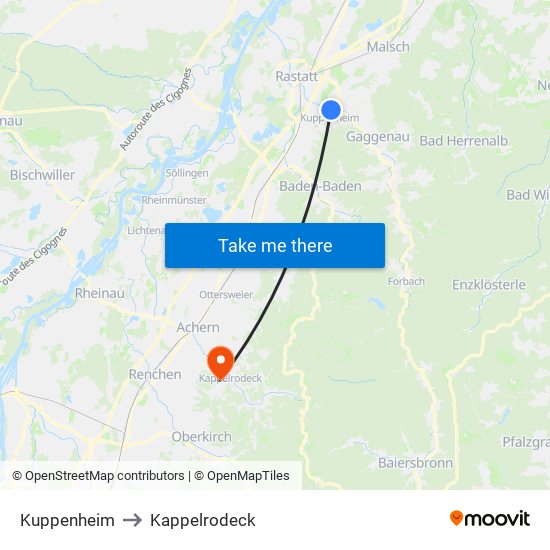 Kuppenheim to Kappelrodeck map