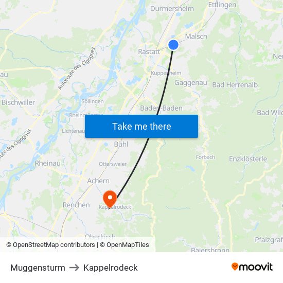 Muggensturm to Kappelrodeck map