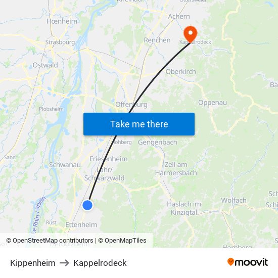 Kippenheim to Kappelrodeck map