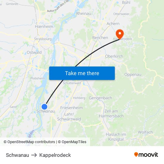 Schwanau to Kappelrodeck map