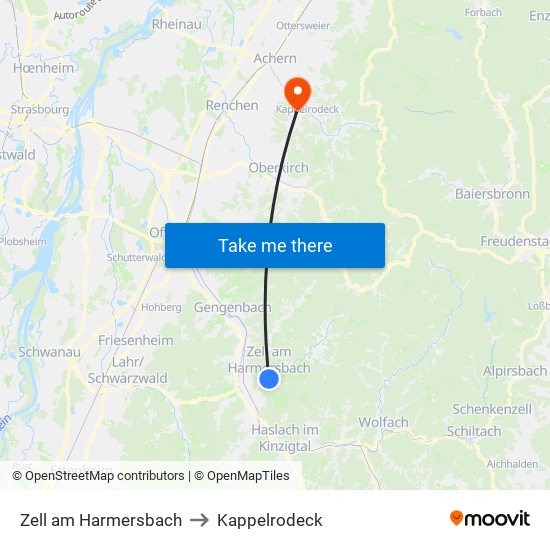 Zell am Harmersbach to Kappelrodeck map