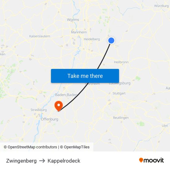 Zwingenberg to Kappelrodeck map