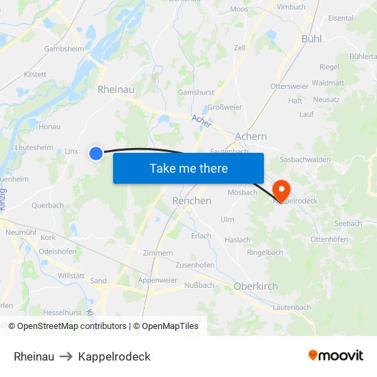 Rheinau to Kappelrodeck map