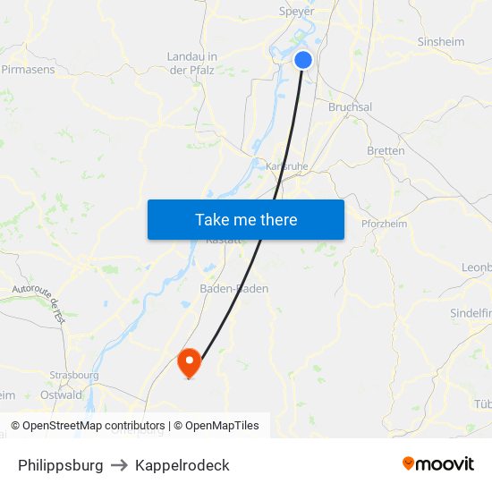 Philippsburg to Kappelrodeck map