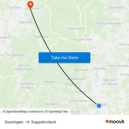 Dunningen to Kappelrodeck map