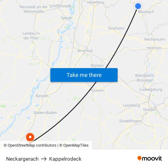 Neckargerach to Kappelrodeck map