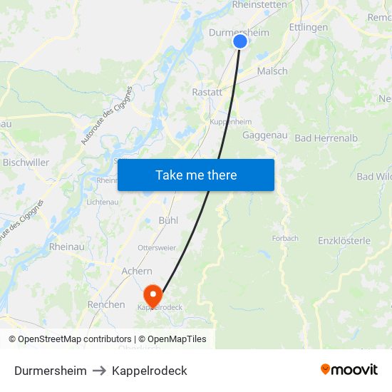 Durmersheim to Kappelrodeck map