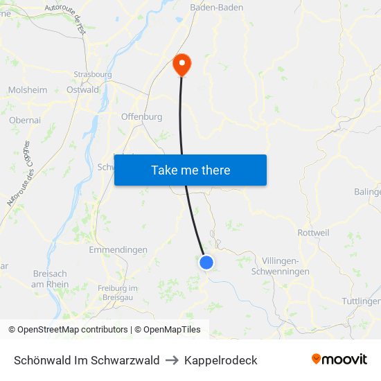 Schönwald Im Schwarzwald to Kappelrodeck map