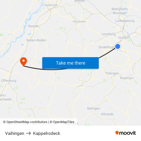 Vaihingen to Kappelrodeck map