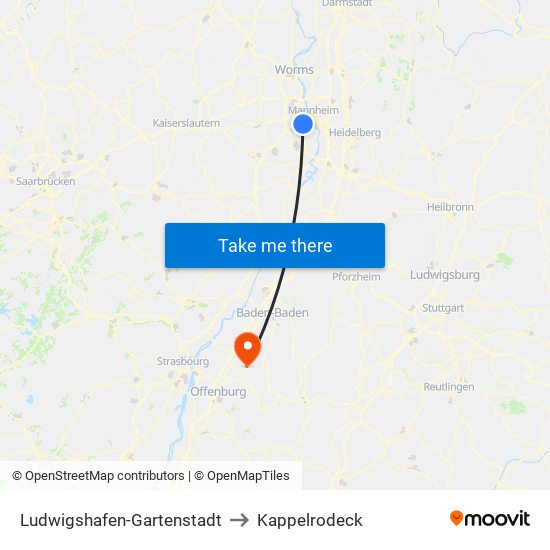 Ludwigshafen-Gartenstadt to Kappelrodeck map