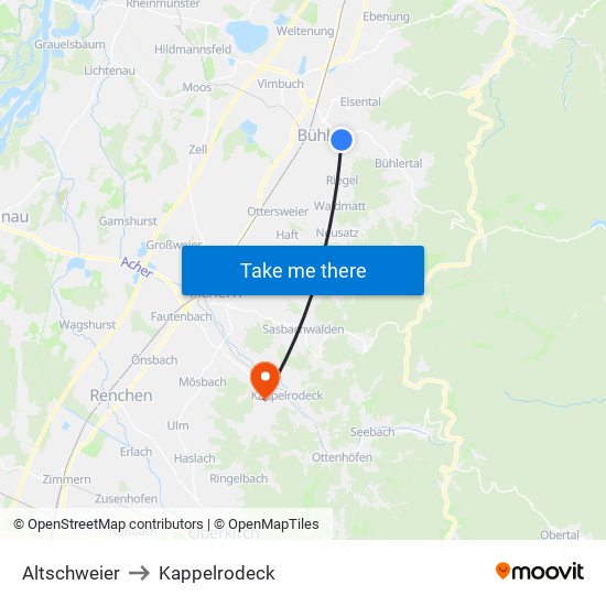 Altschweier to Kappelrodeck map