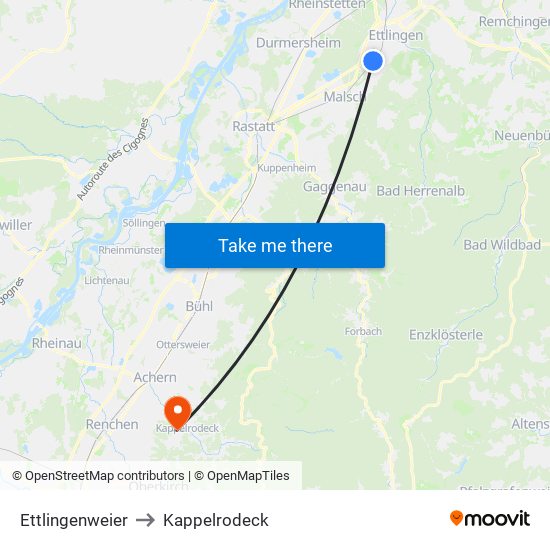 Ettlingenweier to Kappelrodeck map