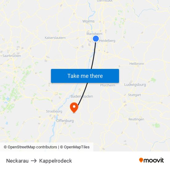 Neckarau to Kappelrodeck map