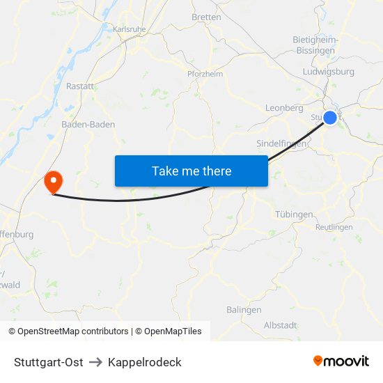 Stuttgart-Ost to Kappelrodeck map