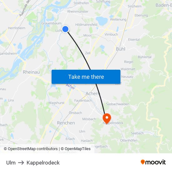 Ulm to Kappelrodeck map