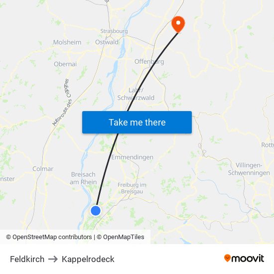 Feldkirch to Kappelrodeck map