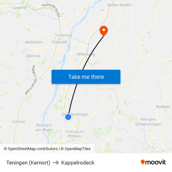 Teningen (Kernort) to Kappelrodeck map
