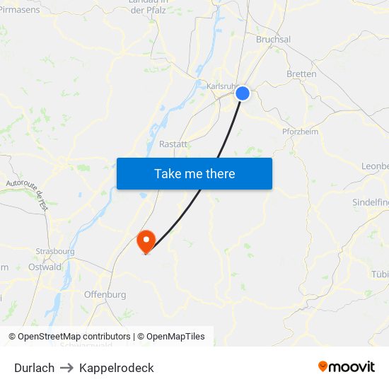 Durlach to Kappelrodeck map