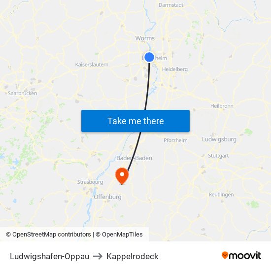 Ludwigshafen-Oppau to Kappelrodeck map