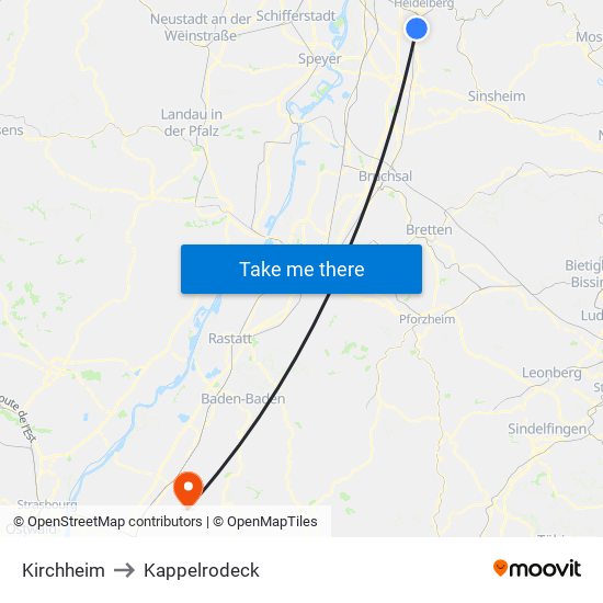 Kirchheim to Kappelrodeck map