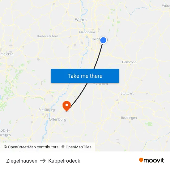 Ziegelhausen to Kappelrodeck map