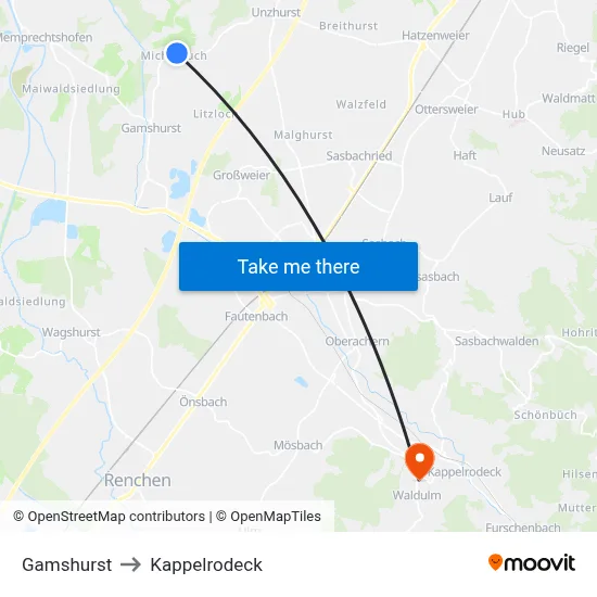 Gamshurst to Kappelrodeck map