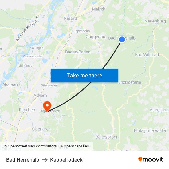 Bad Herrenalb to Kappelrodeck map