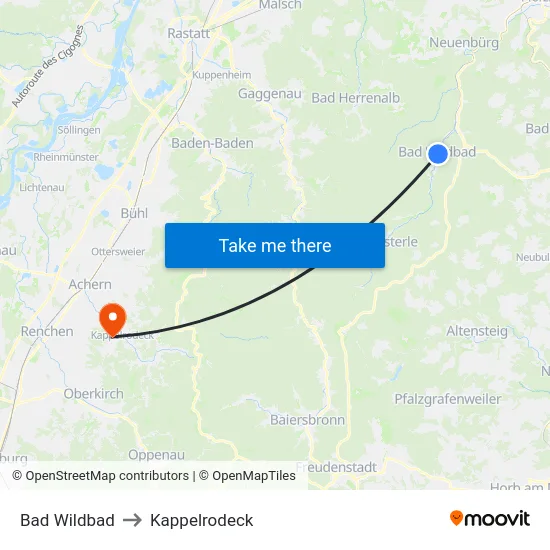 Bad Wildbad to Kappelrodeck map