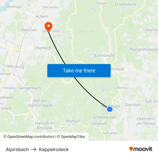Alpirsbach to Kappelrodeck map