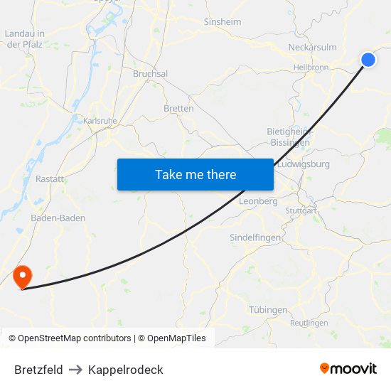 Bretzfeld to Kappelrodeck map