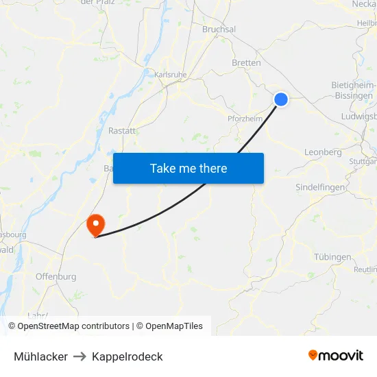 Mühlacker to Kappelrodeck map
