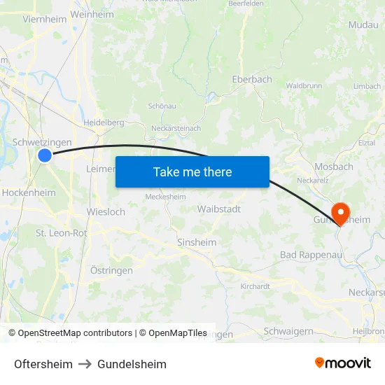 Oftersheim to Gundelsheim map