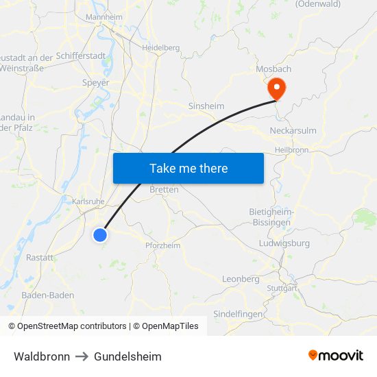 Waldbronn to Gundelsheim map