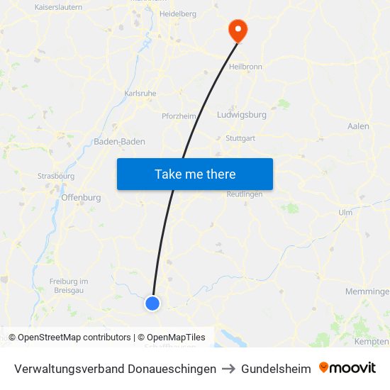 Verwaltungsverband Donaueschingen to Gundelsheim map